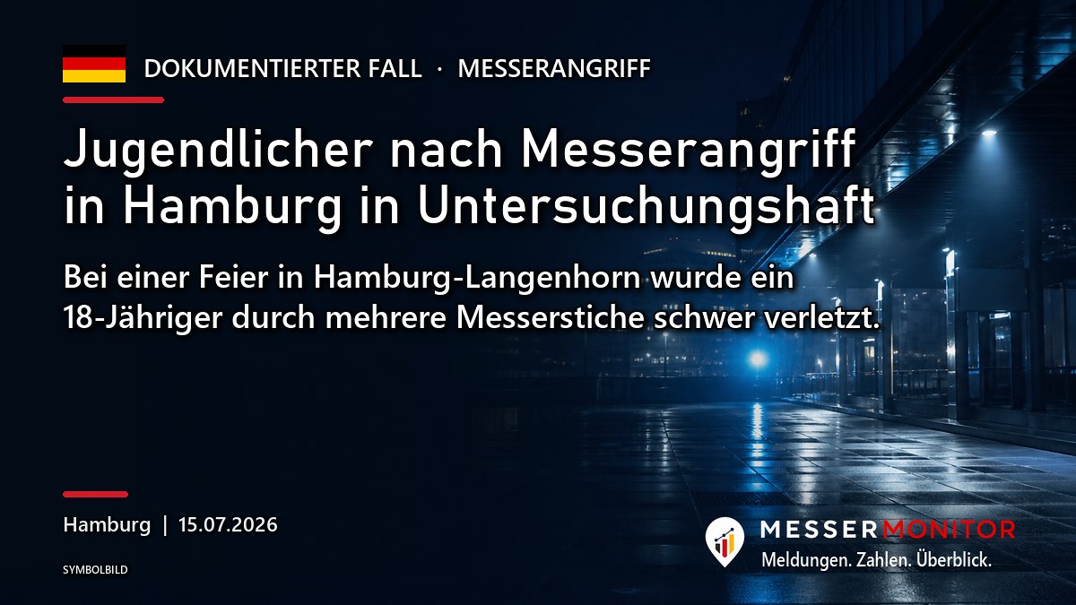 Titelgrafik: Jugendlicher nach Messerangriff in Hamburg in Untersuchungshaft. Bei einer Feier in Hamburg-Langenhorn wurde ein 18-Jähriger durch mehrere Messerstiche schwer verletzt..