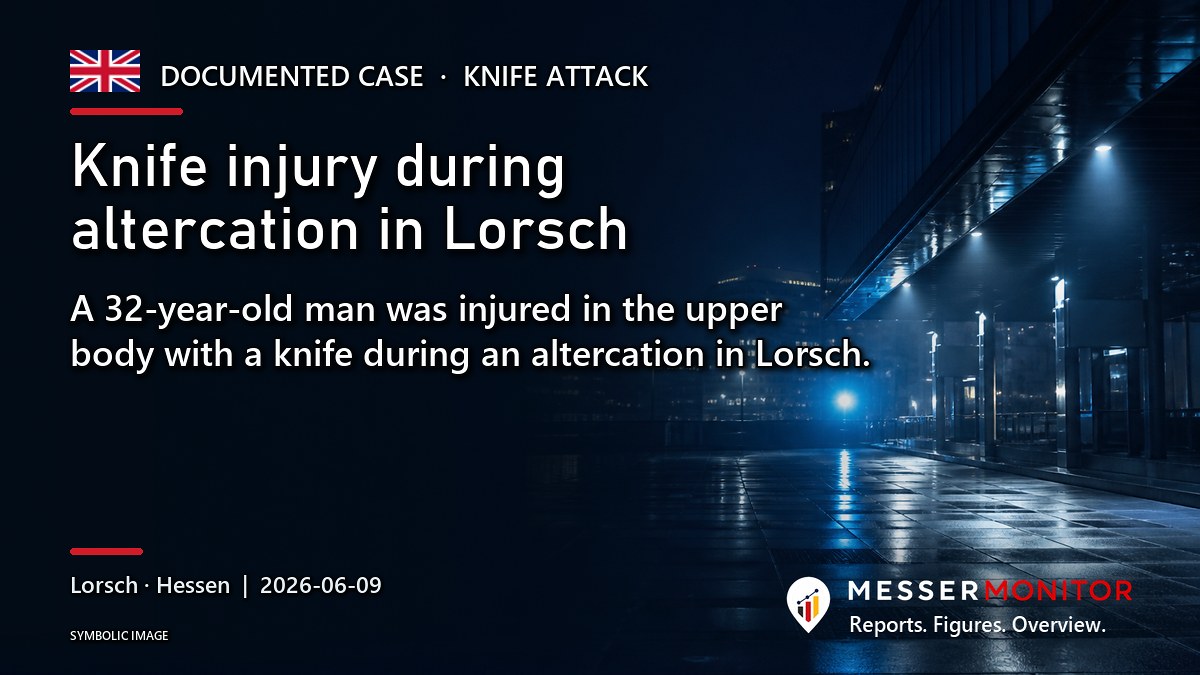 Title image: Knife injury during altercation in Lorsch. A 32-year-old man was injured in the upper body with a knife during an altercation in Lorsch..