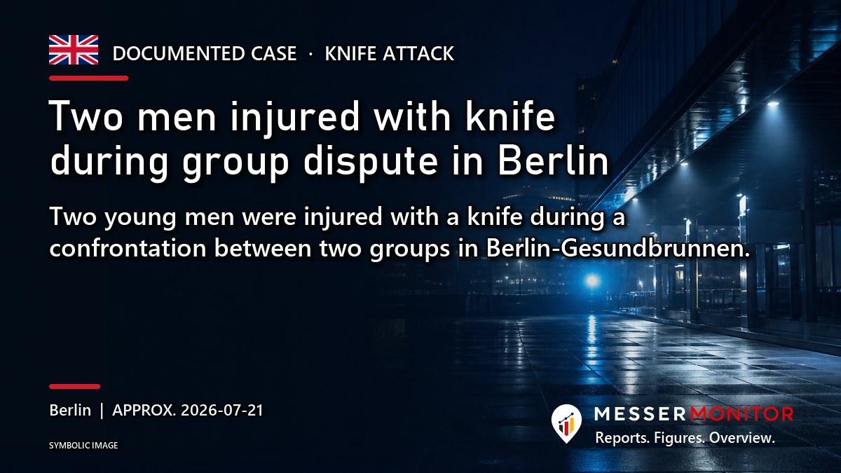 Title image: Two men injured with knife during group dispute in Berlin. Two young men were injured with a knife during a confrontation between two groups in Berlin-Gesundbrunnen..