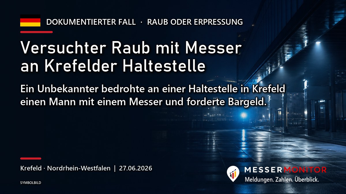 Titelgrafik: Versuchter Raub mit Messer an Krefelder Haltestelle. Ein Unbekannter bedrohte an einer Haltestelle in Krefeld einen Mann mit einem Messer und forderte Bargeld..