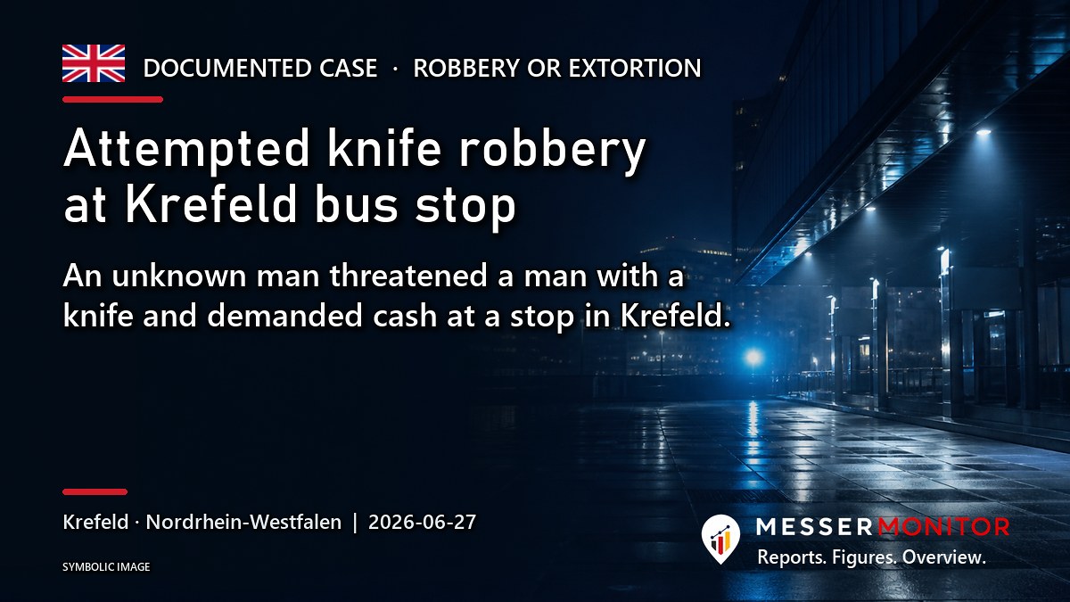 Title image: Attempted knife robbery at Krefeld bus stop. An unknown man threatened a man with a knife and demanded cash at a stop in Krefeld..