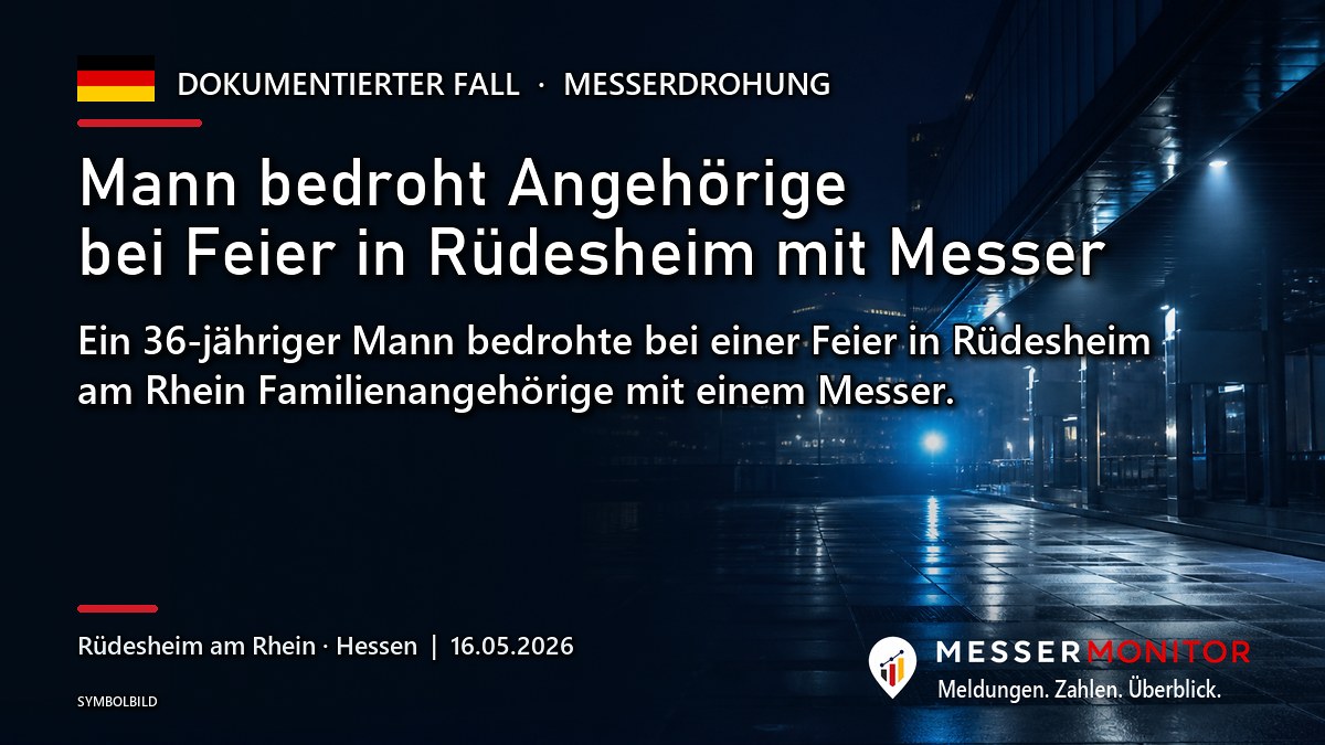 Titelgrafik: Mann bedroht Angehörige bei Feier in Rüdesheim mit Messer. Ein 36-jähriger Mann bedrohte bei einer Feier in Rüdesheim am Rhein Familienangehörige mit einem Messer..