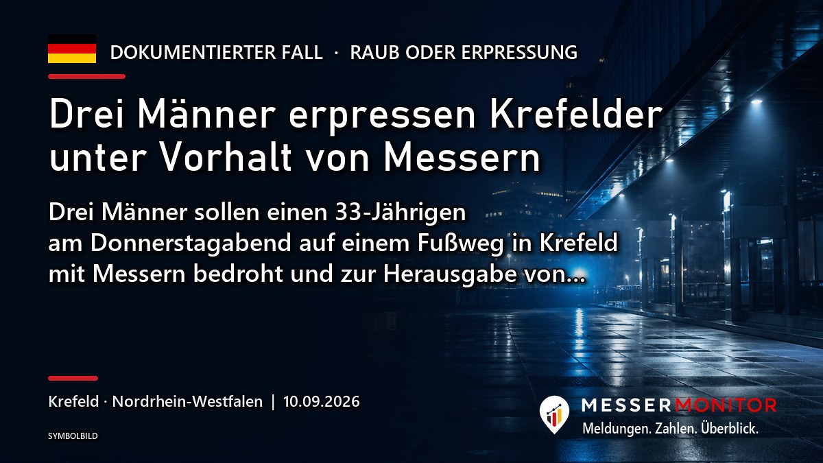 Titelgrafik: Drei Männer erpressen Krefelder unter Vorhalt von Messern. Drei Männer sollen einen 33-Jährigen am Donnerstagabend auf einem Fußweg in Krefeld mit Messern bedroht und zur Herausgabe von…