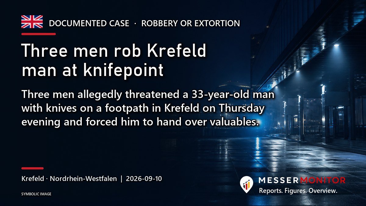 Title image: Three men rob Krefeld man at knifepoint. Three men allegedly threatened a 33-year-old man with knives on a footpath in Krefeld on Thursday evening and forced him to hand over valuables.