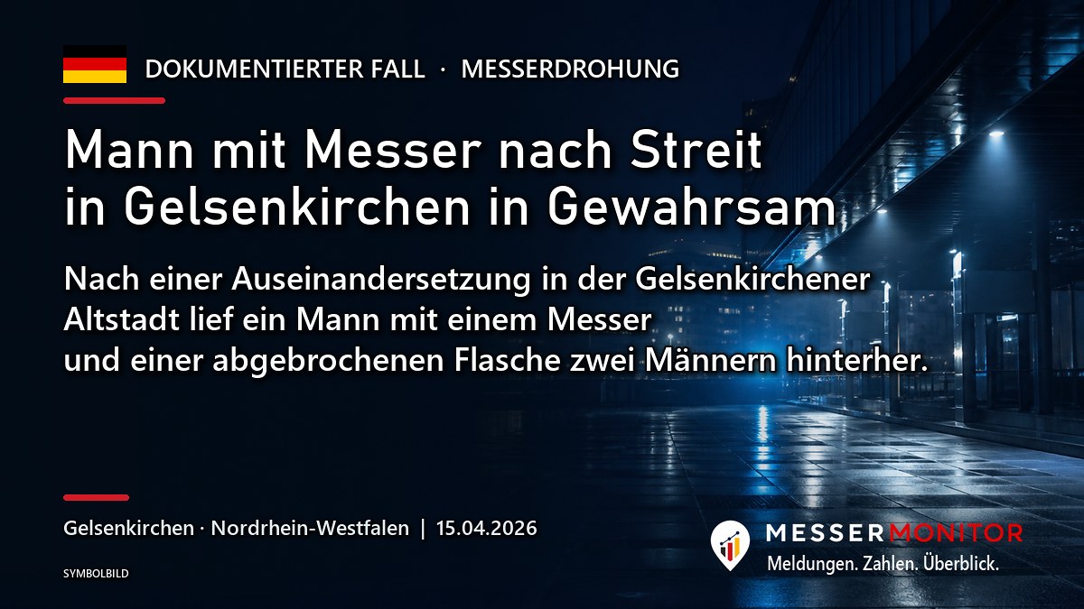 Titelgrafik: Mann mit Messer nach Streit in Gelsenkirchen in Gewahrsam. Nach einer Auseinandersetzung in der Gelsenkirchener Altstadt lief ein Mann mit einem Messer und einer abgebrochenen Flasche zwei Männern hinterher..