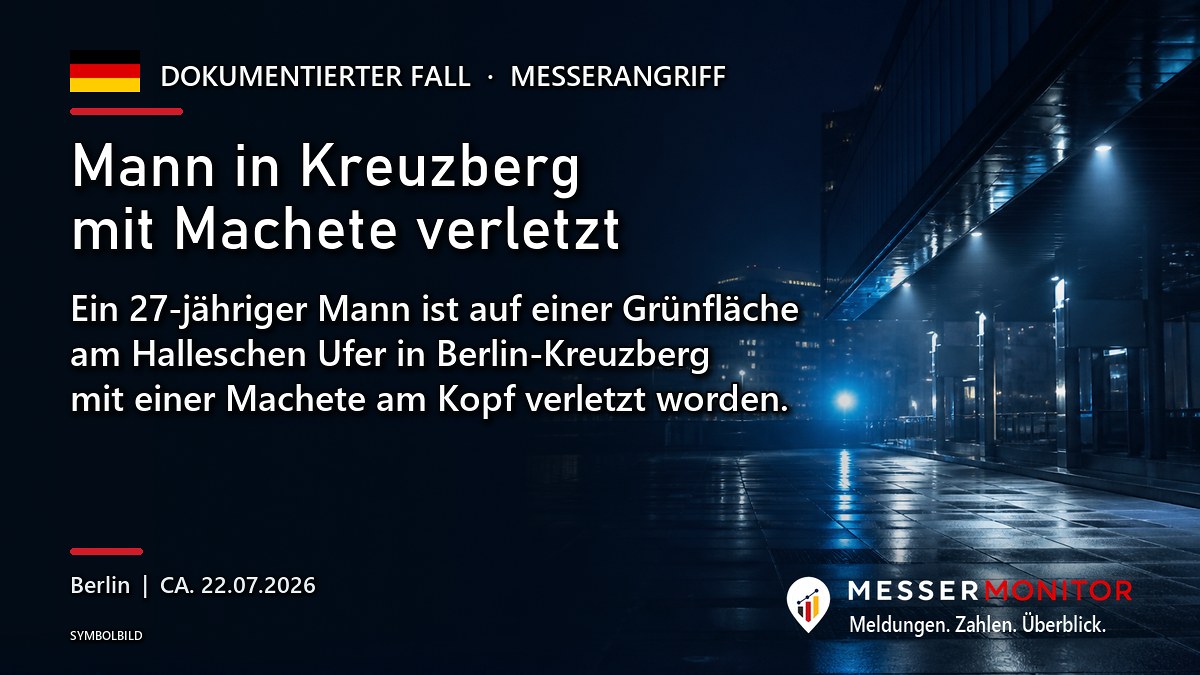 Titelgrafik: Mann in Kreuzberg mit Machete verletzt. Ein 27-jähriger Mann ist auf einer Grünfläche am Halleschen Ufer in Berlin-Kreuzberg mit einer Machete am Kopf verletzt worden..
