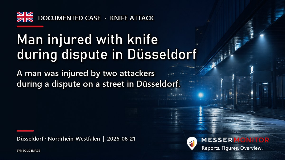 Title image: Man injured with knife during dispute in Düsseldorf. A man was injured by two attackers during a dispute on a street in Düsseldorf..