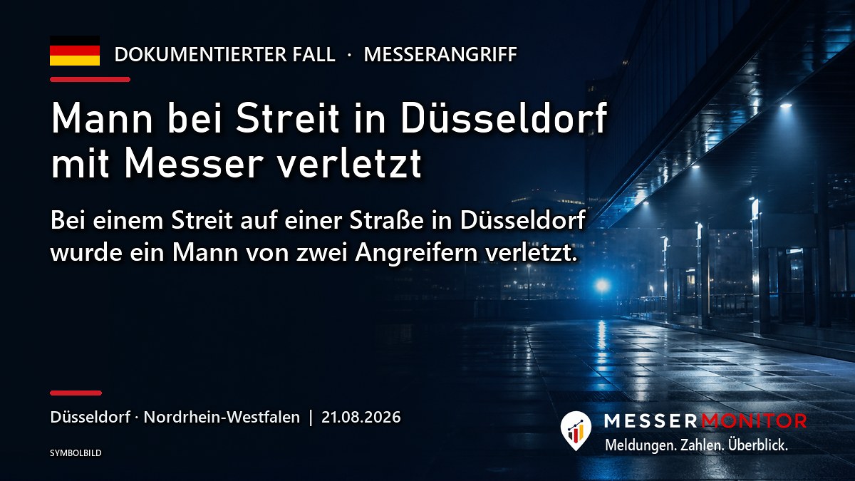 Titelgrafik: Mann bei Streit in Düsseldorf mit Messer verletzt. Bei einem Streit auf einer Straße in Düsseldorf wurde ein Mann von zwei Angreifern verletzt..