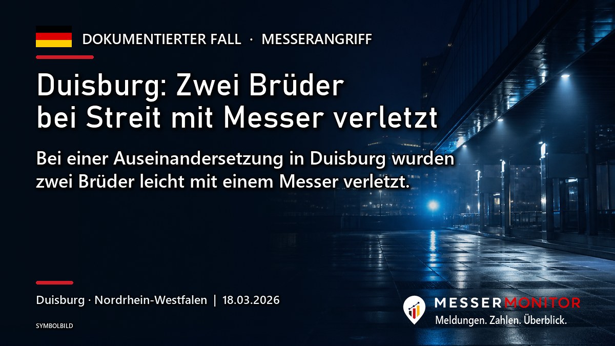 Titelgrafik: Duisburg: Zwei Brüder bei Streit mit Messer verletzt. Bei einer Auseinandersetzung in Duisburg wurden zwei Brüder leicht mit einem Messer verletzt..
