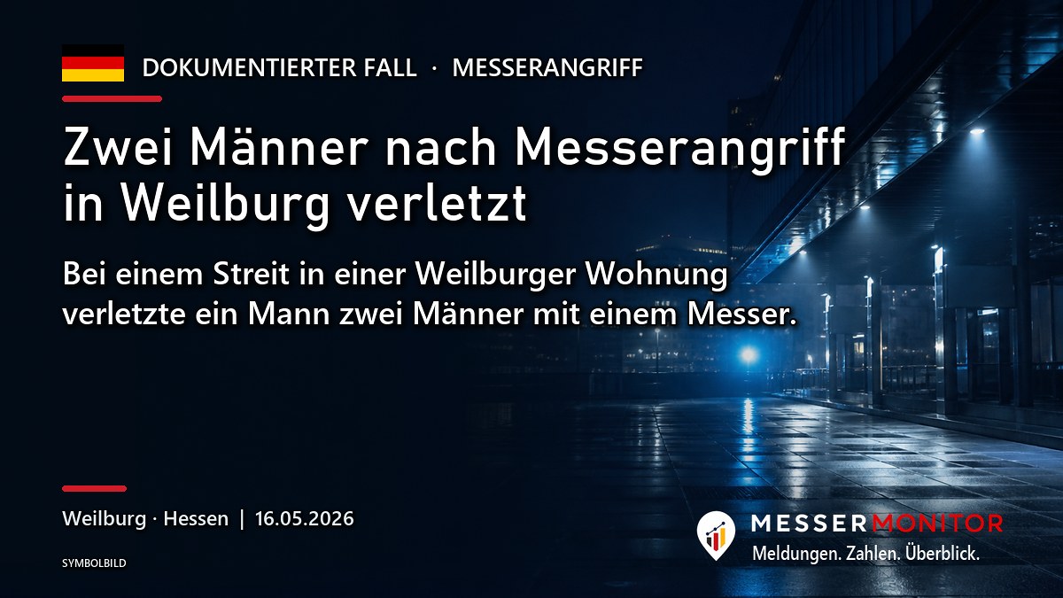 Titelgrafik: Zwei Männer nach Messerangriff in Weilburg verletzt. Bei einem Streit in einer Weilburger Wohnung verletzte ein Mann zwei Männer mit einem Messer..