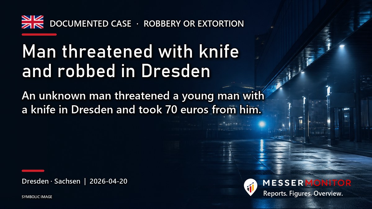 Title image: Man threatened with knife and robbed in Dresden. An unknown man threatened a young man with a knife in Dresden and took 70 euros from him..