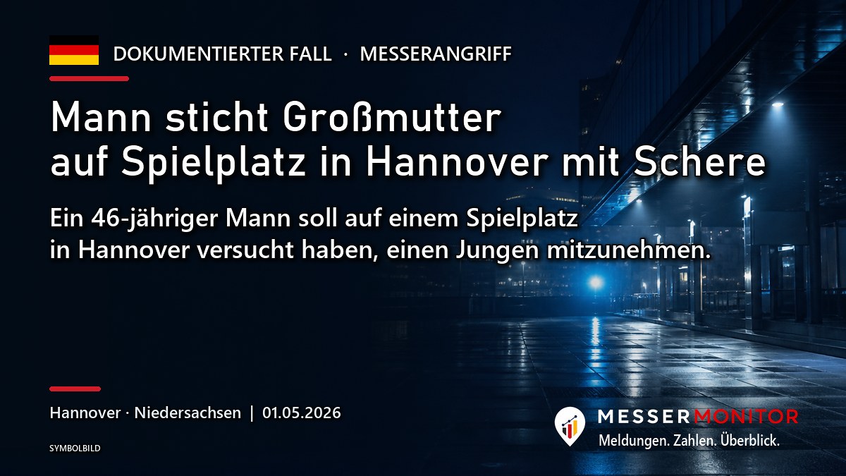 Titelgrafik: Mann sticht Großmutter auf Spielplatz in Hannover mit Schere. Ein 46-jähriger Mann soll auf einem Spielplatz in Hannover versucht haben, einen Jungen mitzunehmen..