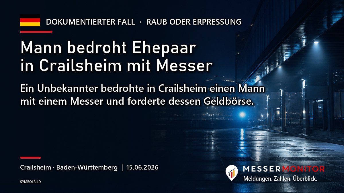 Titelgrafik: Mann bedroht Ehepaar in Crailsheim mit Messer. Ein Unbekannter bedrohte in Crailsheim einen Mann mit einem Messer und forderte dessen Geldbörse..