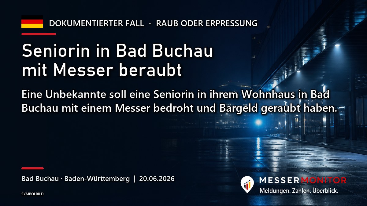 Titelgrafik: Seniorin in Bad Buchau mit Messer beraubt. Eine Unbekannte soll eine Seniorin in ihrem Wohnhaus in Bad Buchau mit einem Messer bedroht und Bargeld geraubt haben..