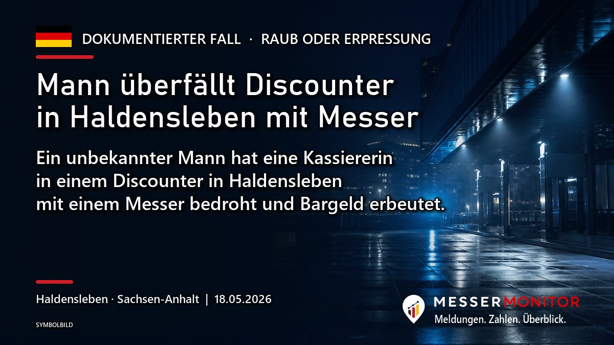 Titelgrafik: Mann überfällt Discounter in Haldensleben mit Messer. Ein unbekannter Mann hat eine Kassiererin in einem Discounter in Haldensleben mit einem Messer bedroht und Bargeld erbeutet..