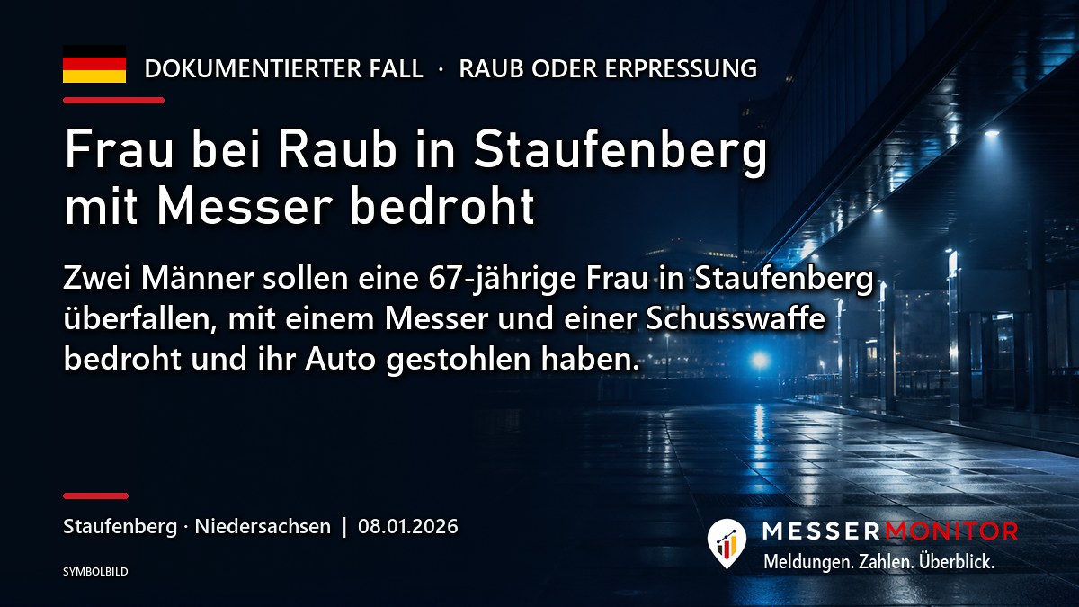 Titelgrafik: Frau bei Raub in Staufenberg mit Messer bedroht. Zwei Männer sollen eine 67-jährige Frau in Staufenberg überfallen, mit einem Messer und einer Schusswaffe bedroht und ihr Auto gestohlen haben..