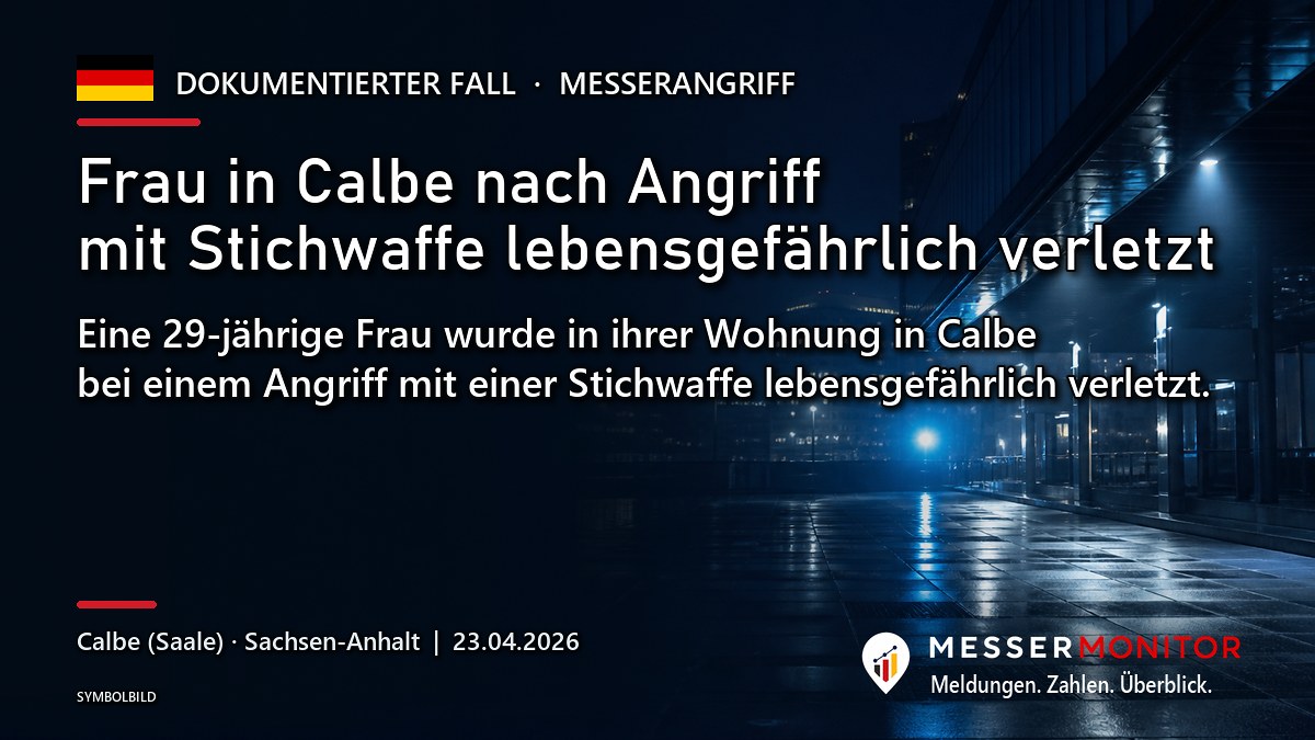 Titelgrafik: Frau in Calbe nach Angriff mit Stichwaffe lebensgefährlich verletzt. Eine 29-jährige Frau wurde in ihrer Wohnung in Calbe bei einem Angriff mit einer Stichwaffe lebensgefährlich verletzt..
