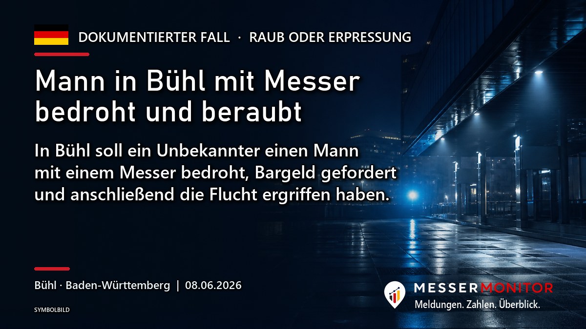 Titelgrafik: Mann in Bühl mit Messer bedroht und beraubt. In Bühl soll ein Unbekannter einen Mann mit einem Messer bedroht, Bargeld gefordert und anschließend die Flucht ergriffen haben..