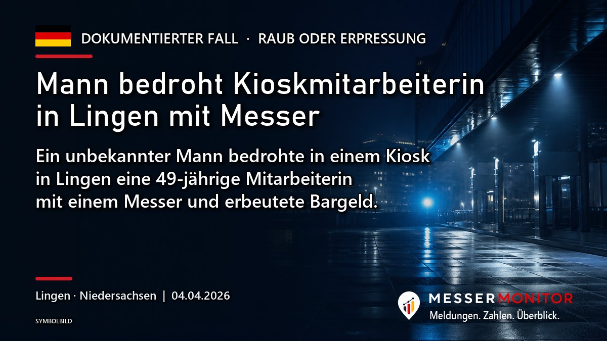 Titelgrafik: Mann bedroht Kioskmitarbeiterin in Lingen mit Messer. Ein unbekannter Mann bedrohte in einem Kiosk in Lingen eine 49-jährige Mitarbeiterin mit einem Messer und erbeutete Bargeld..