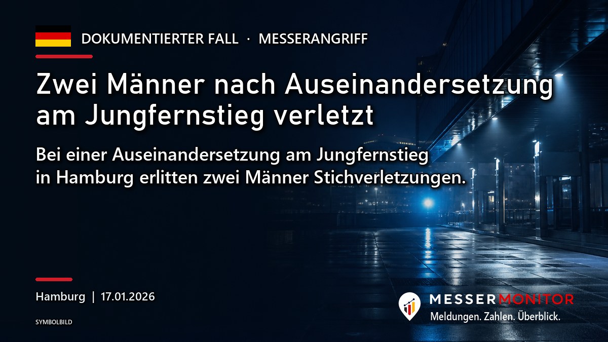 Titelgrafik: Zwei Männer nach Auseinandersetzung am Jungfernstieg verletzt. Bei einer Auseinandersetzung am Jungfernstieg in Hamburg erlitten zwei Männer Stichverletzungen..