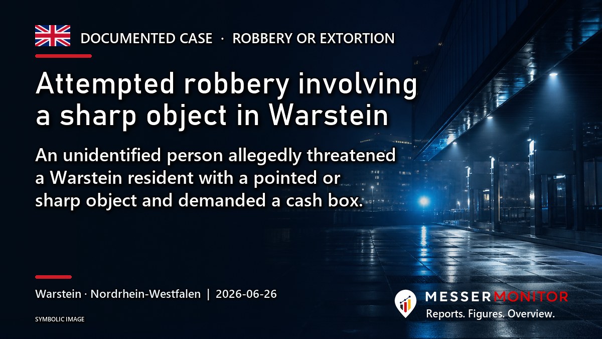 Title image: Attempted robbery involving a sharp object in Warstein. An unidentified person allegedly threatened a Warstein resident with a pointed or sharp object and demanded a cash box..