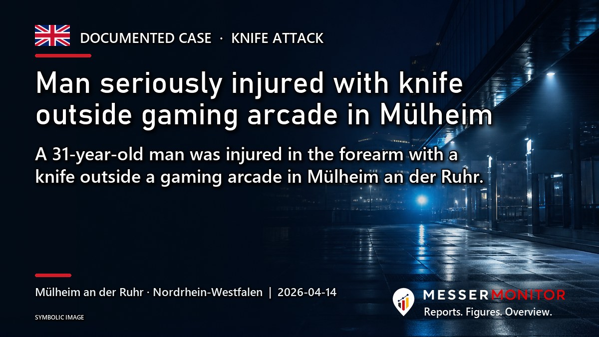 Title image: Man seriously injured with knife outside gaming arcade in Mülheim. A 31-year-old man was injured in the forearm with a knife outside a gaming arcade in Mülheim an der Ruhr..