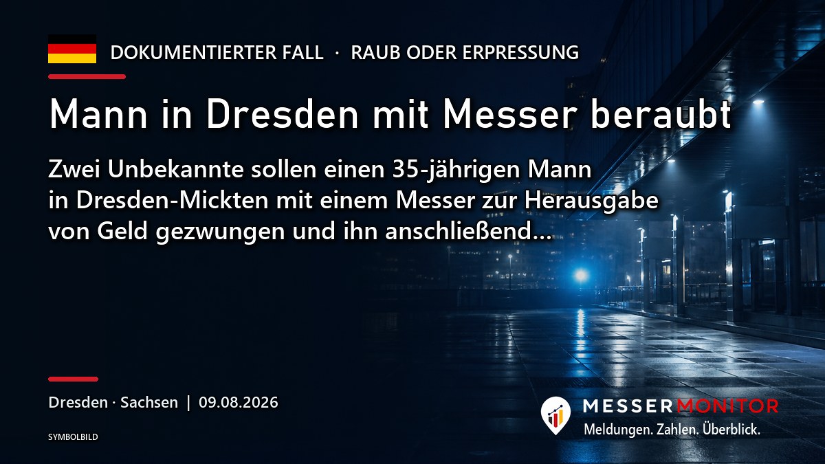 Titelgrafik: Mann in Dresden mit Messer beraubt. Zwei Unbekannte sollen einen 35-jährigen Mann in Dresden-Mickten mit einem Messer zur Herausgabe von Geld gezwungen und ihn anschließend….