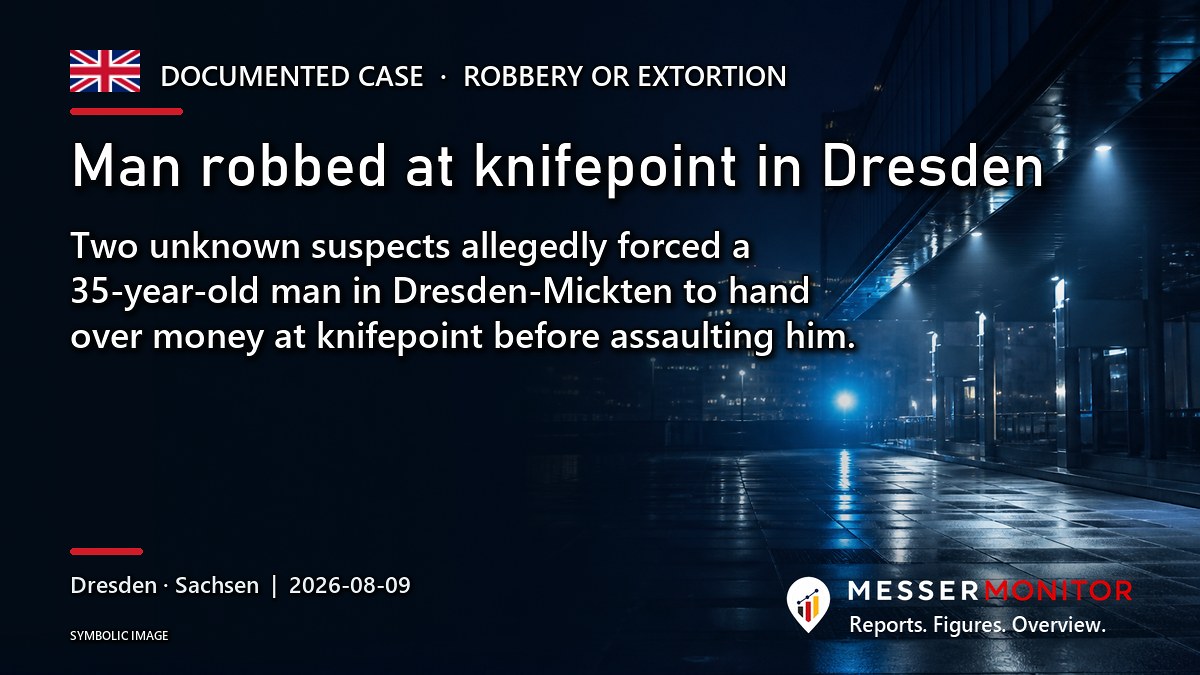 Title image: Man robbed at knifepoint in Dresden. Two unknown suspects allegedly forced a 35-year-old man in Dresden-Mickten to hand over money at knifepoint before assaulting him..