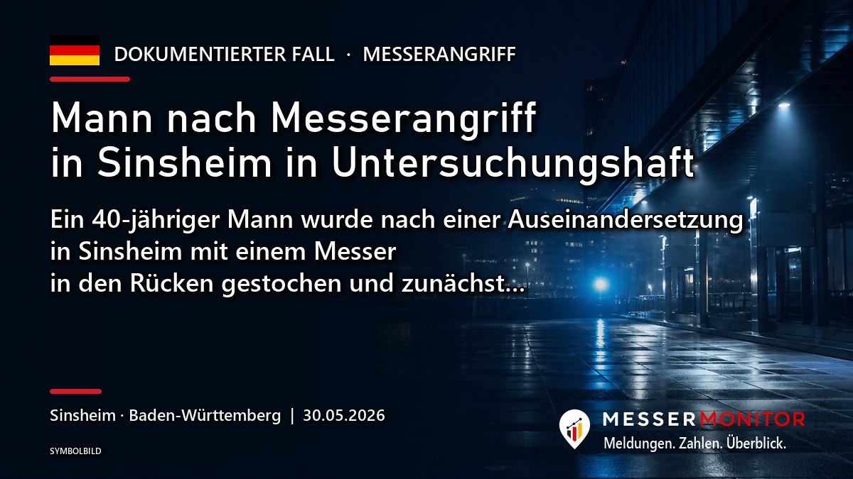 Titelgrafik: Mann nach Messerangriff in Sinsheim in Untersuchungshaft. Ein 40-jähriger Mann wurde nach einer Auseinandersetzung in Sinsheim mit einem Messer in den Rücken gestochen und zunächst….