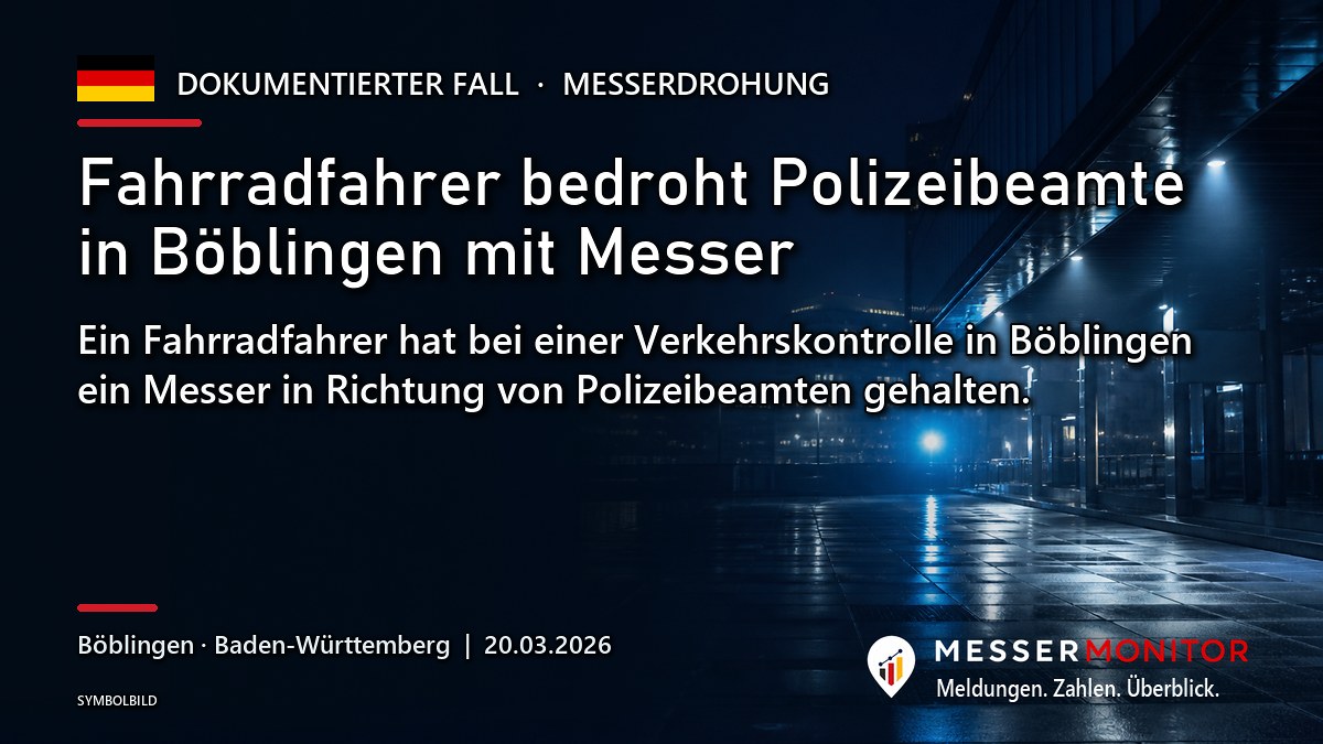 Titelgrafik: Fahrradfahrer bedroht Polizeibeamte in Böblingen mit Messer. Ein Fahrradfahrer hat bei einer Verkehrskontrolle in Böblingen ein Messer in Richtung von Polizeibeamten gehalten..