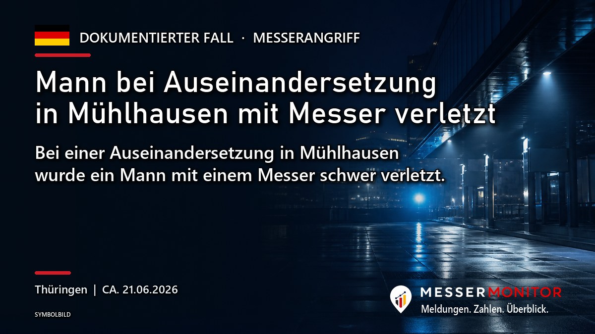 Titelgrafik: Mann bei Auseinandersetzung in Mühlhausen mit Messer verletzt. Bei einer Auseinandersetzung in Mühlhausen wurde ein Mann mit einem Messer schwer verletzt..
