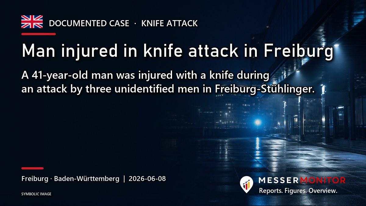 Title image: Man injured in knife attack in Freiburg. A 41-year-old man was injured with a knife during an attack by three unidentified men in Freiburg-Stühlinger..