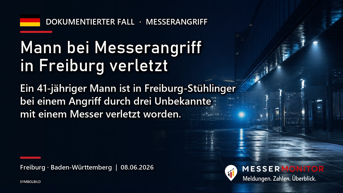 Titelgrafik: Mann bei Messerangriff in Freiburg verletzt. Ein 41-jähriger Mann ist in Freiburg-Stühlinger bei einem Angriff durch drei Unbekannte mit einem Messer verletzt worden..