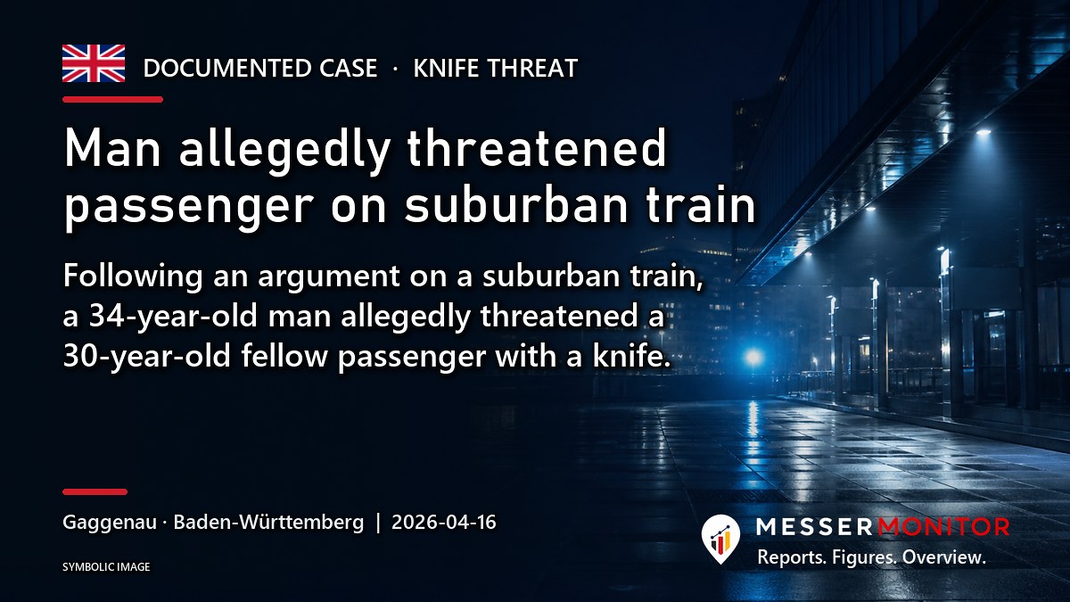 Title image: Man allegedly threatened passenger on suburban train. Following an argument on a suburban train, a 34-year-old man allegedly threatened a 30-year-old fellow passenger with a knife..