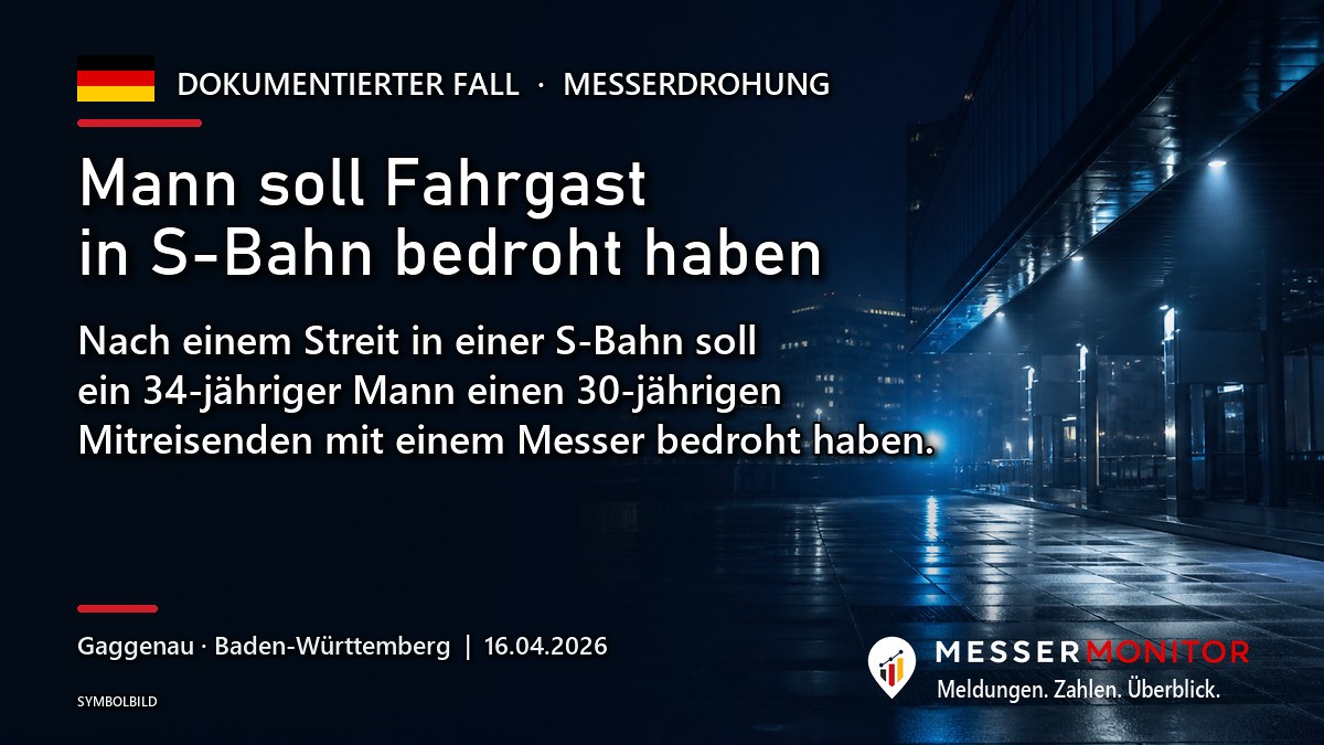 Titelgrafik: Mann soll Fahrgast in S-Bahn bedroht haben. Nach einem Streit in einer S-Bahn soll ein 34-jähriger Mann einen 30-jährigen Mitreisenden mit einem Messer bedroht haben..
