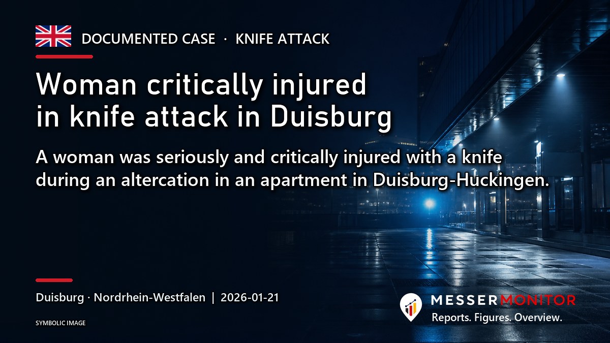 Title image: Woman critically injured in knife attack in Duisburg. A woman was seriously and critically injured with a knife during an altercation in an apartment in Duisburg-Huckingen..