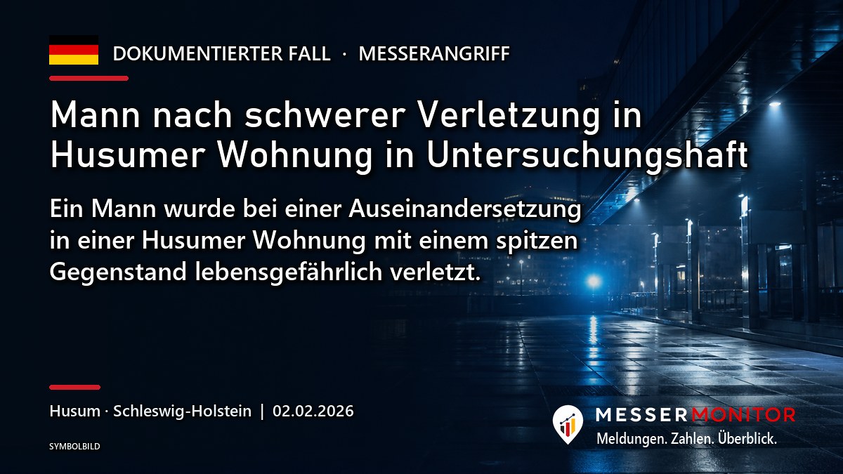 Titelgrafik: Mann nach schwerer Verletzung in Husumer Wohnung in Untersuchungshaft. Ein Mann wurde bei einer Auseinandersetzung in einer Husumer Wohnung mit einem spitzen Gegenstand lebensgefährlich verletzt..