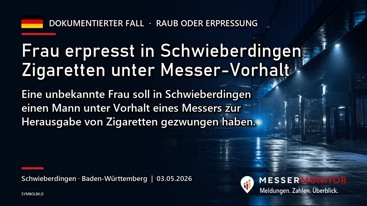 Titelgrafik: Frau erpresst in Schwieberdingen Zigaretten unter Messer-Vorhalt. Eine unbekannte Frau soll in Schwieberdingen einen Mann unter Vorhalt eines Messers zur Herausgabe von Zigaretten gezwungen haben..