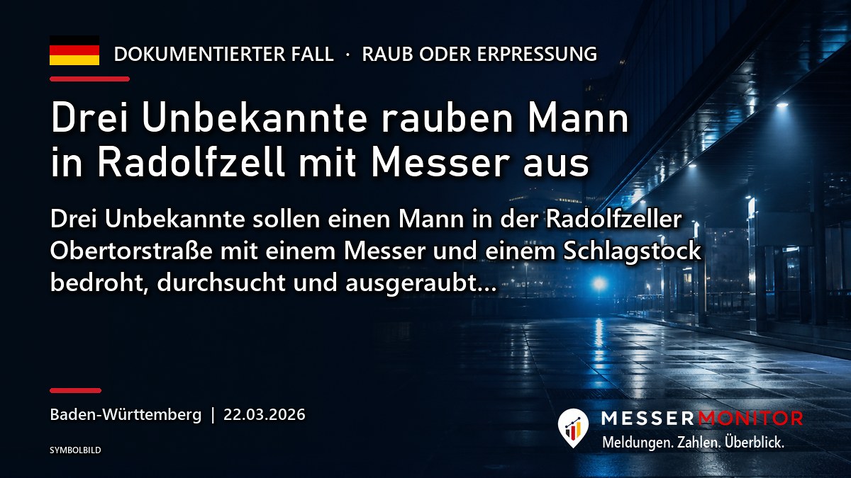 Titelgrafik: Drei Unbekannte rauben Mann in Radolfzell mit Messer aus. Drei Unbekannte sollen einen Mann in der Radolfzeller Obertorstraße mit einem Messer und einem Schlagstock bedroht, durchsucht und ausgeraubt….