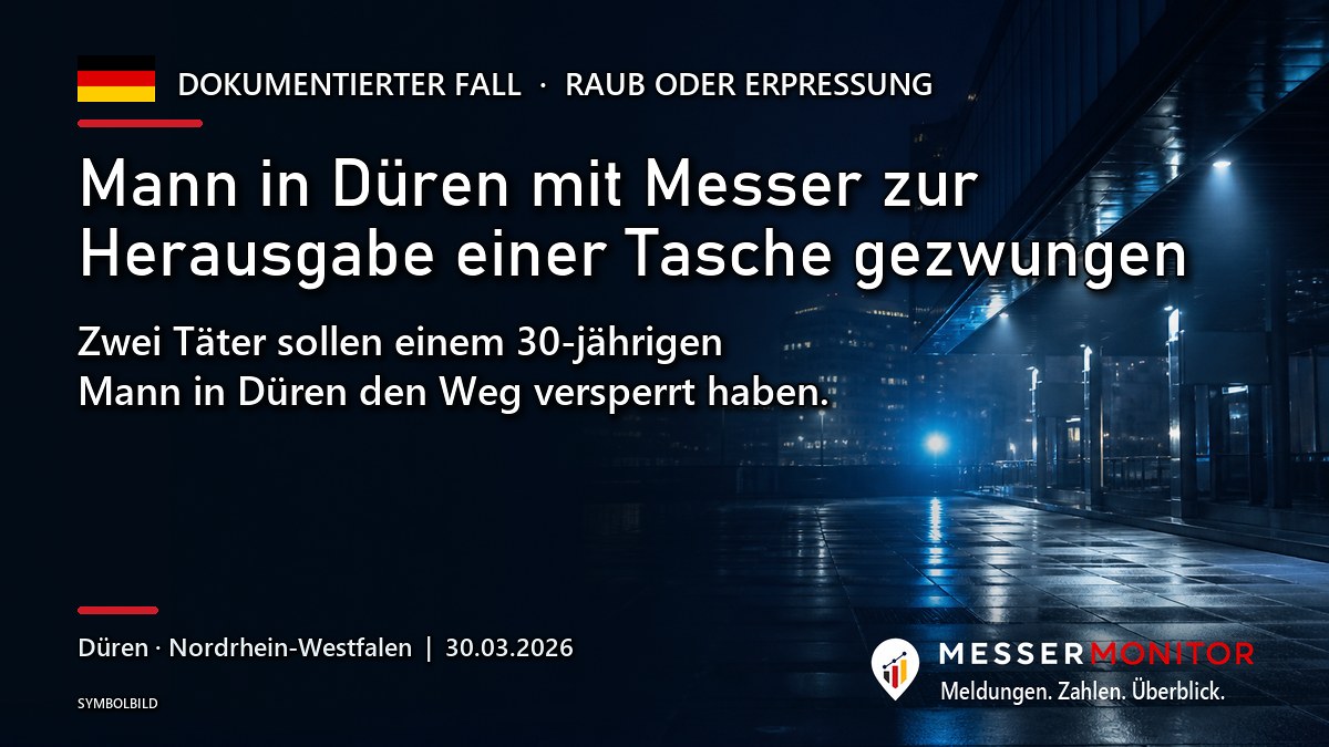 Titelgrafik: Mann in Düren mit Messer zur Herausgabe einer Tasche gezwungen. Zwei Täter sollen einem 30-jährigen Mann in Düren den Weg versperrt haben..