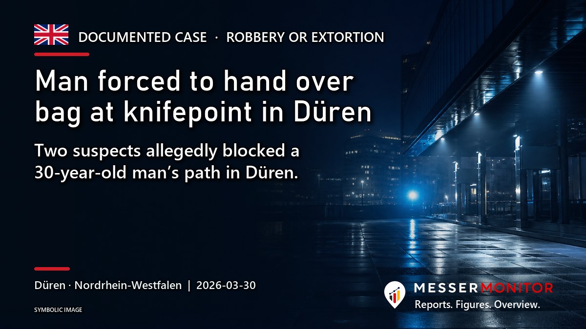 Title image: Man forced to hand over bag at knifepoint in Düren. Two suspects allegedly blocked a 30-year-old man’s path in Düren..