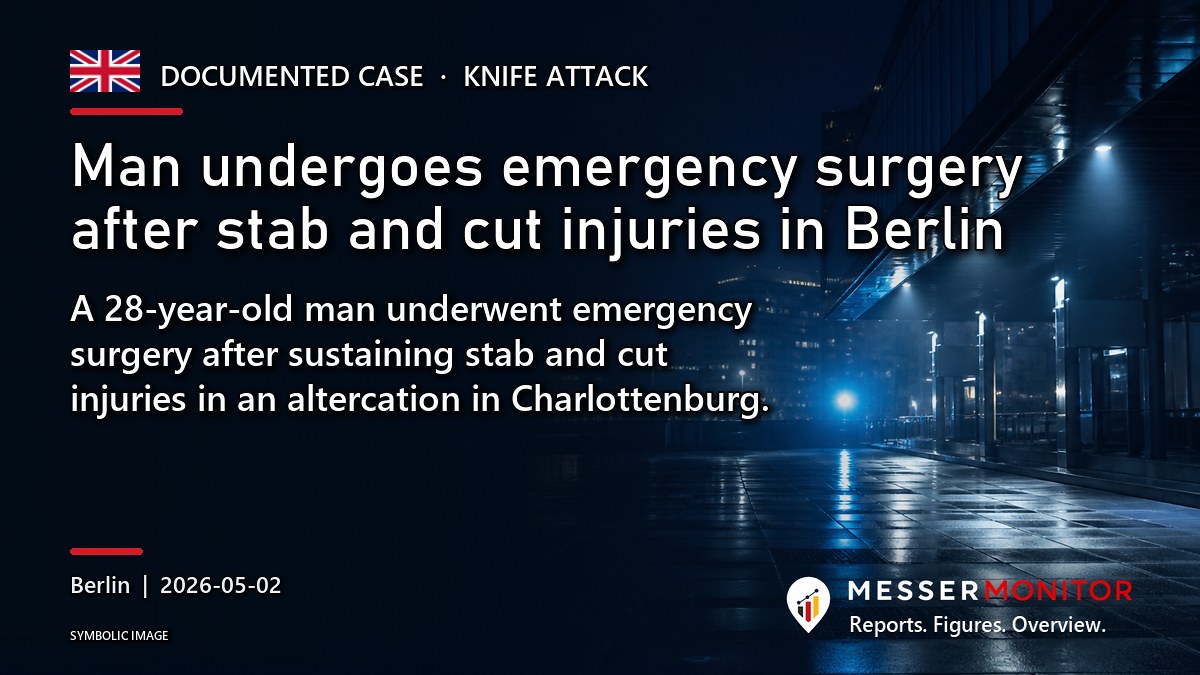 Title image: Man undergoes emergency surgery after stab and cut injuries in Berlin. A 28-year-old man underwent emergency surgery after sustaining stab and cut injuries in an altercation in Charlottenburg..