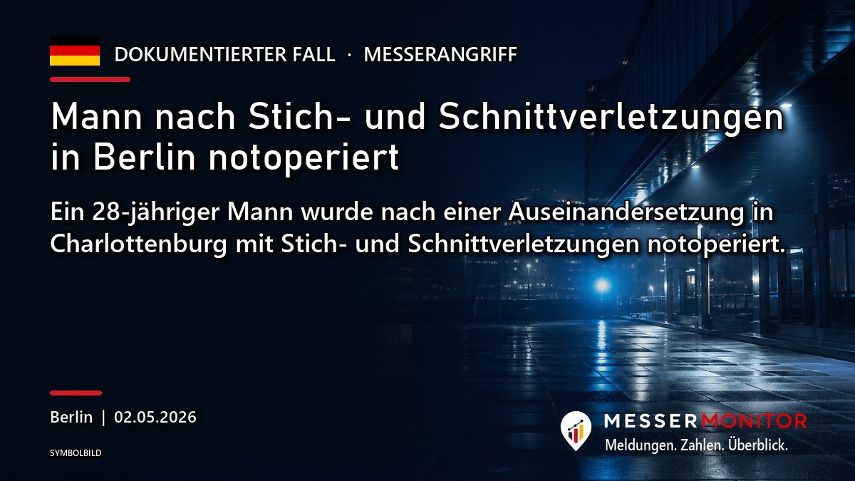 Titelgrafik: Mann nach Stich- und Schnittverletzungen in Berlin notoperiert. Ein 28-jähriger Mann wurde nach einer Auseinandersetzung in Charlottenburg mit Stich- und Schnittverletzungen notoperiert..