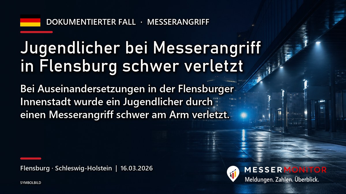 Titelgrafik: Jugendlicher bei Messerangriff in Flensburg schwer verletzt. Bei Auseinandersetzungen in der Flensburger Innenstadt wurde ein Jugendlicher durch einen Messerangriff schwer am Arm verletzt..