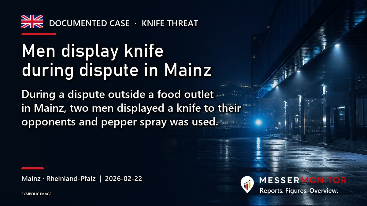 Title image: Men display knife during dispute in Mainz. During a dispute outside a food outlet in Mainz, two men displayed a knife to their opponents and pepper spray was used..