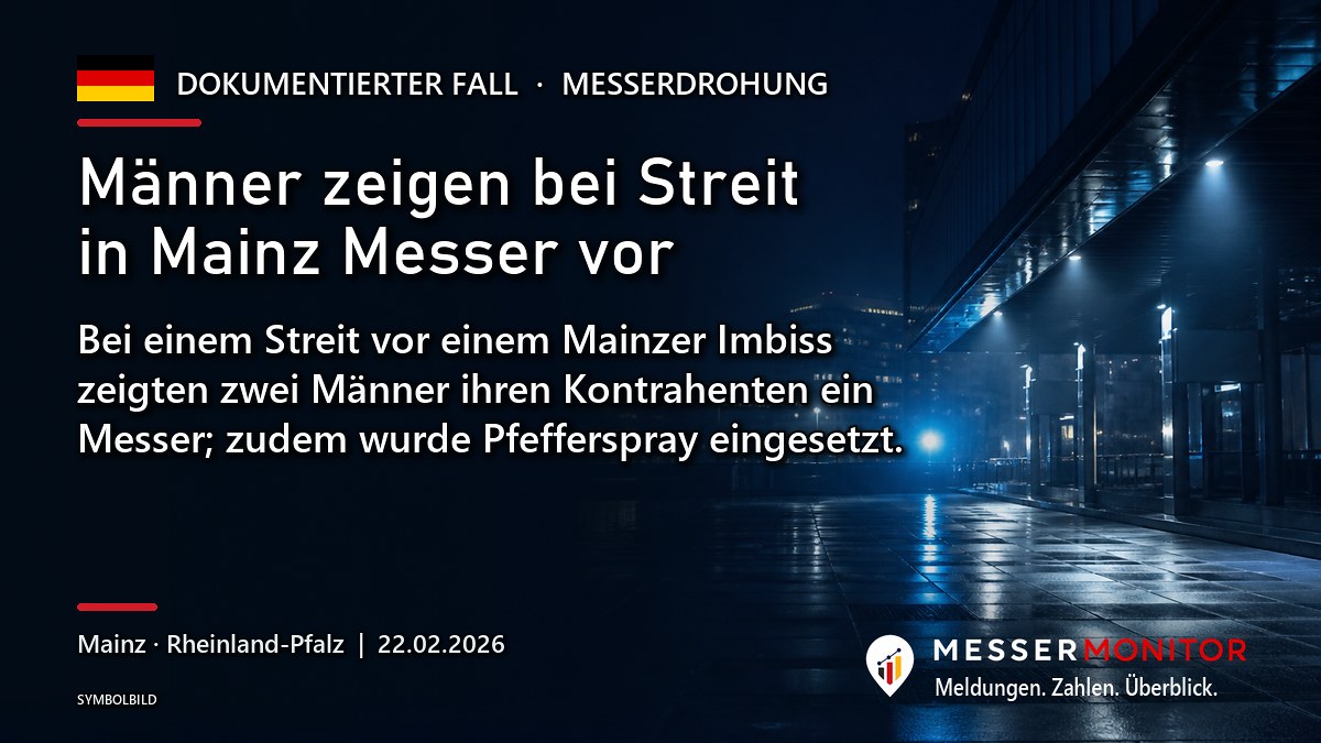 Titelgrafik: Männer zeigen bei Streit in Mainz Messer vor. Bei einem Streit vor einem Mainzer Imbiss zeigten zwei Männer ihren Kontrahenten ein Messer; zudem wurde Pfefferspray eingesetzt..