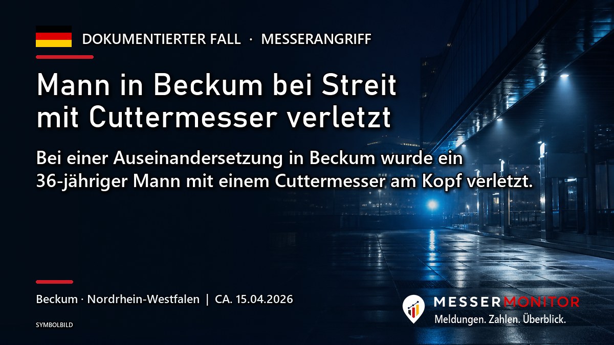 Titelgrafik: Mann in Beckum bei Streit mit Cuttermesser verletzt. Bei einer Auseinandersetzung in Beckum wurde ein 36-jähriger Mann mit einem Cuttermesser am Kopf verletzt..