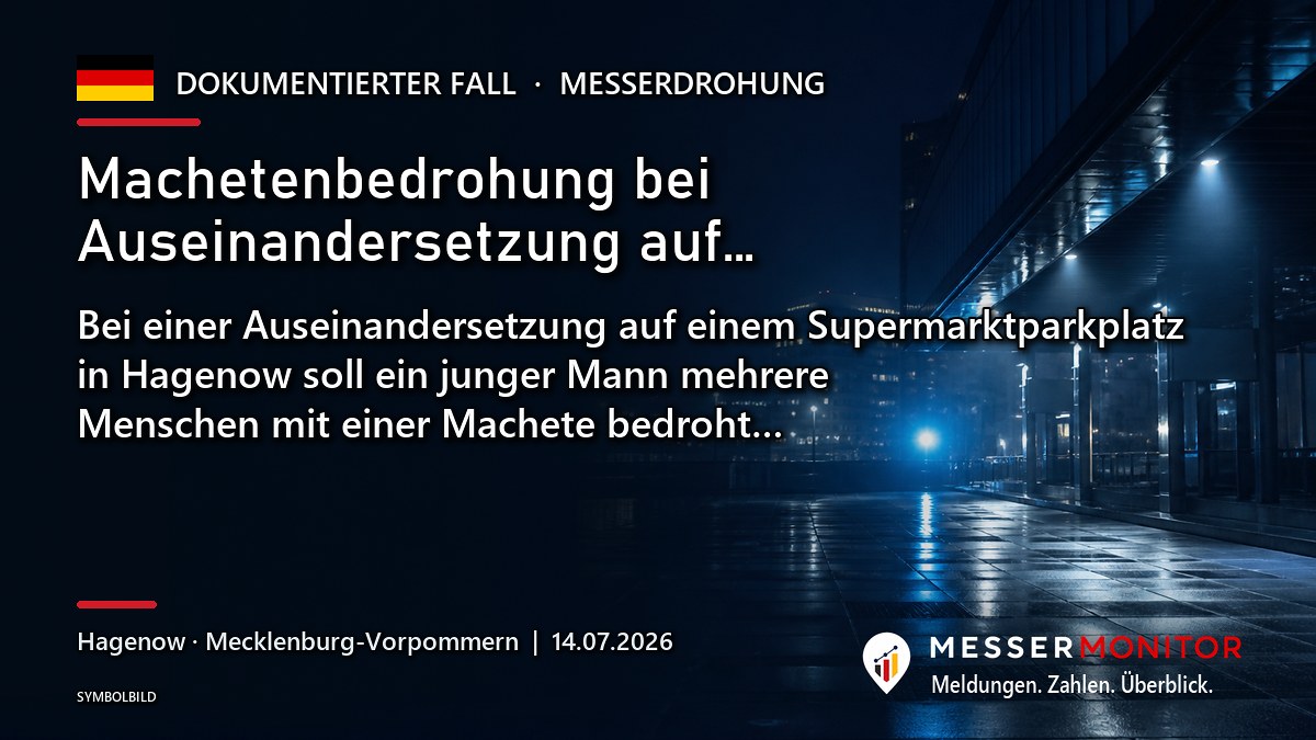 Titelgrafik: Machetenbedrohung bei Auseinandersetzung auf…. Bei einer Auseinandersetzung auf einem Supermarktparkplatz in Hagenow soll ein junger Mann mehrere Menschen mit einer Machete bedroht….