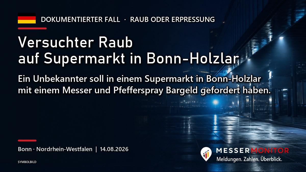 Titelgrafik: Versuchter Raub auf Supermarkt in Bonn-Holzlar. Ein Unbekannter soll in einem Supermarkt in Bonn-Holzlar mit einem Messer und Pfefferspray Bargeld gefordert haben..