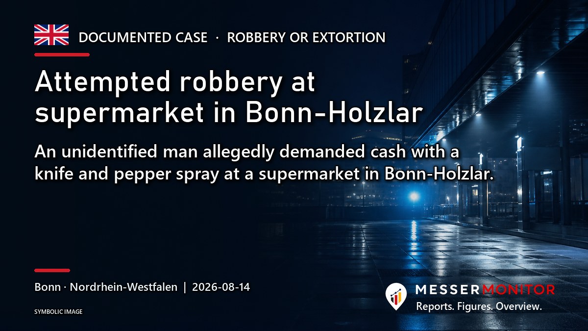 Title image: Attempted robbery at supermarket in Bonn-Holzlar. An unidentified man allegedly demanded cash with a knife and pepper spray at a supermarket in Bonn-Holzlar..